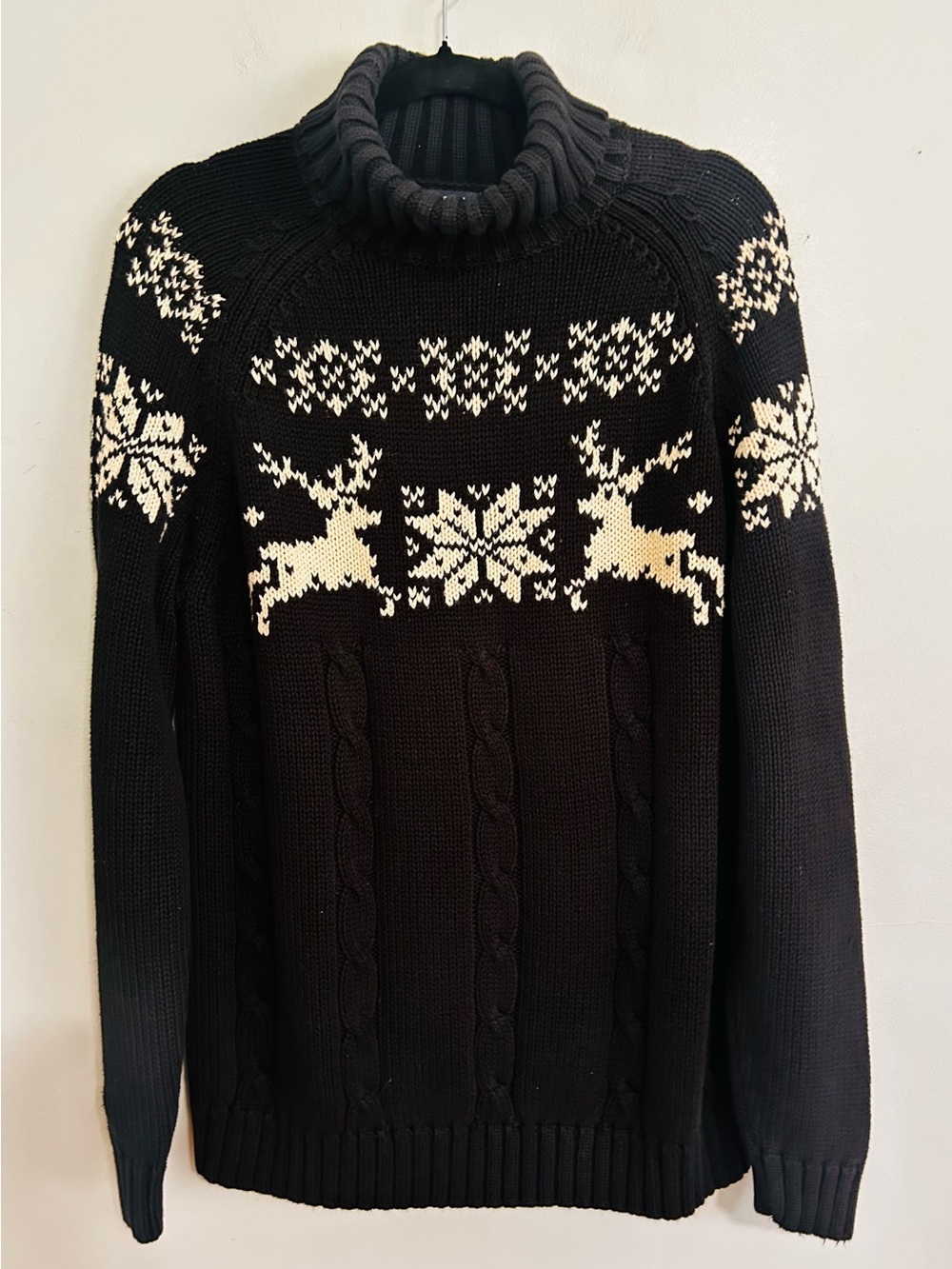 Lands’ End Women’s L Black Nordic Reindeer Cable Knit Turtleneck Ski Sweater